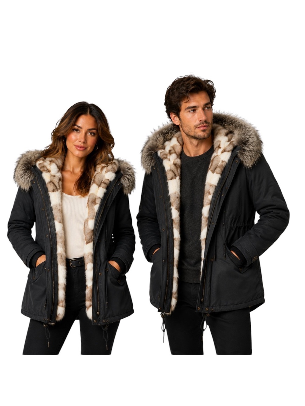 Mr & Mrs Italy Luxurious Black Parka with Grey Fur-Trim and Cream Fur Lining